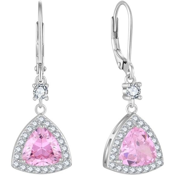 October - Pink Tourmaline Silver Triangle Halo Leverback Earrings w/ Birthstone